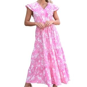 Sunday Up Pink and‎ White Floral Ruffled Tiered Sundress Maxi